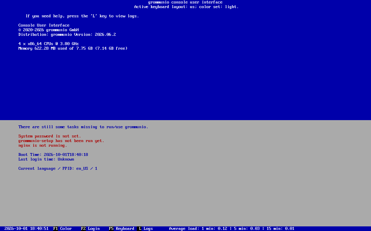 Status screen of a freshly installed appliance