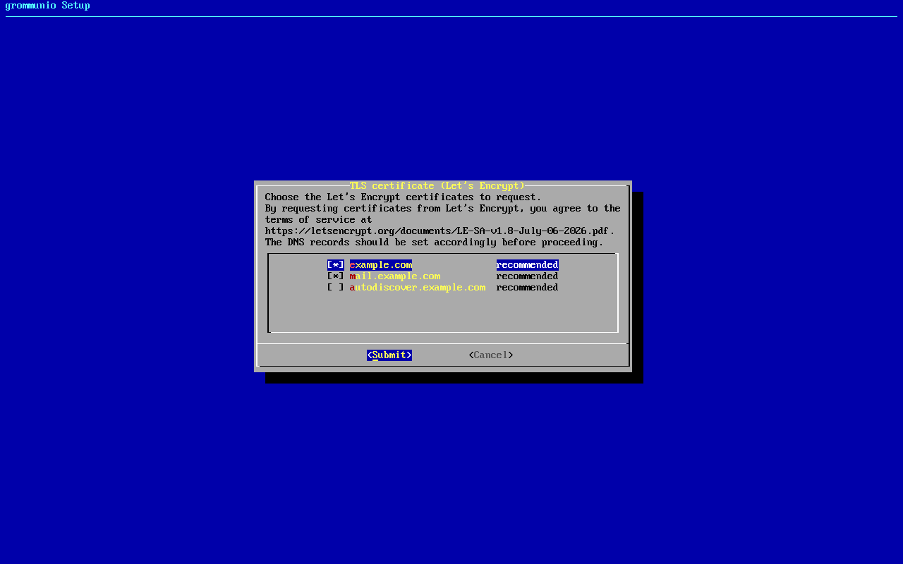 grommunio-setup: Choosing the names for the Let's Encrypt certificate