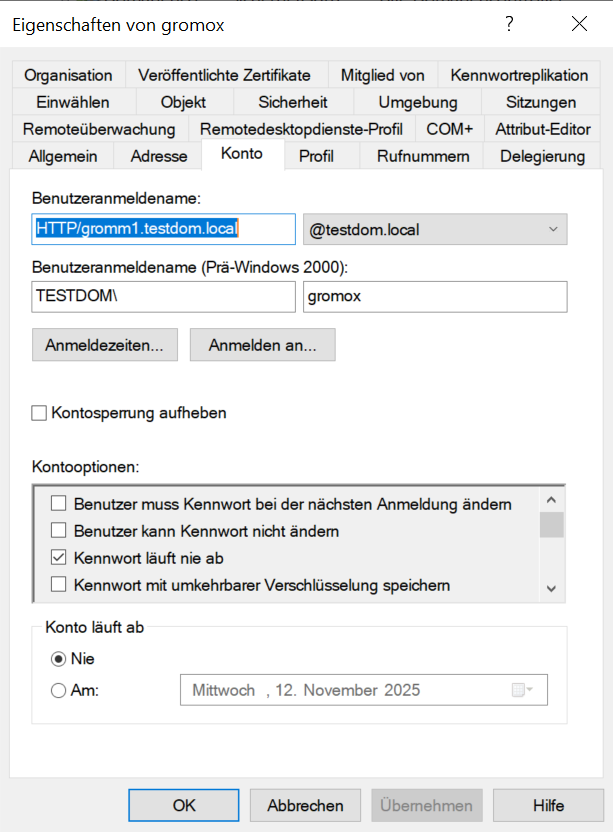 Active Directory account properties: the gromox service account's logon name set to HTTP/gromm1.testdom.local with "password never expires" enabled.