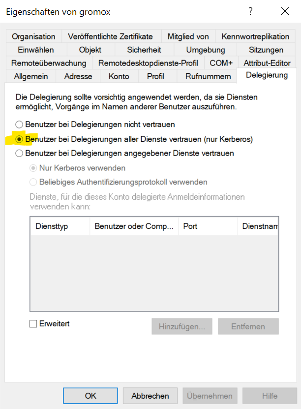 Delegation tab with "Trust this user for delegation to any service (Kerberos only)" selected.