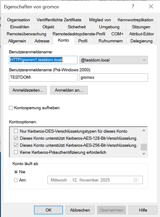 Account options with the Kerberos AES 128-bit and 256-bit encryption checkboxes enabled.