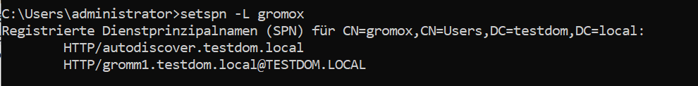 Output of "setspn -L gromox" listing the registered HTTP SPNs for the account.