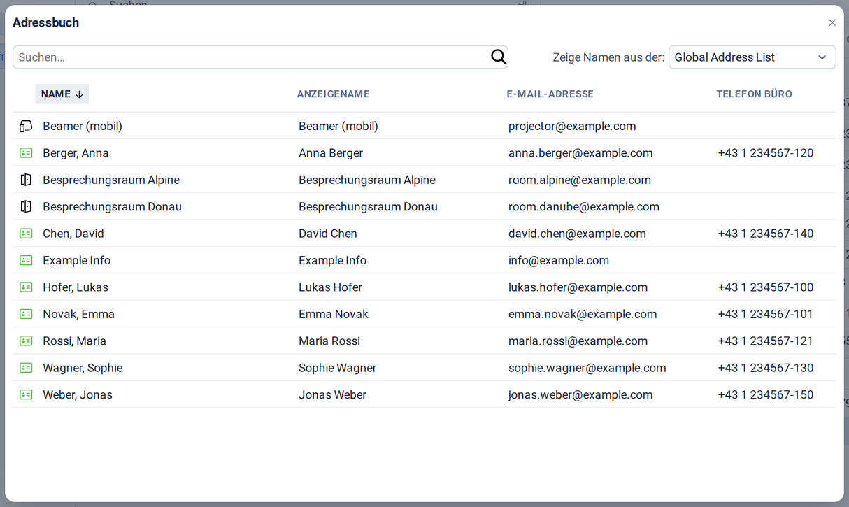 Das Adressbuch mit der globalen Adressliste von Example Ltd.