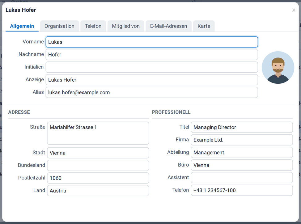 Die Details von Lukas Hofer aus dem Adressbuch mit den Registerkarten Allgemein, Organisation, Telefon, Mitglied von, E-Mail-Adressen und Karte