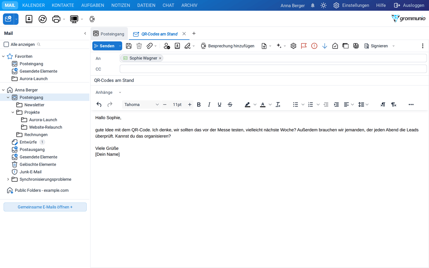 Die E-Mail nach Entwurf ersetzen mit dem verbesserten Text