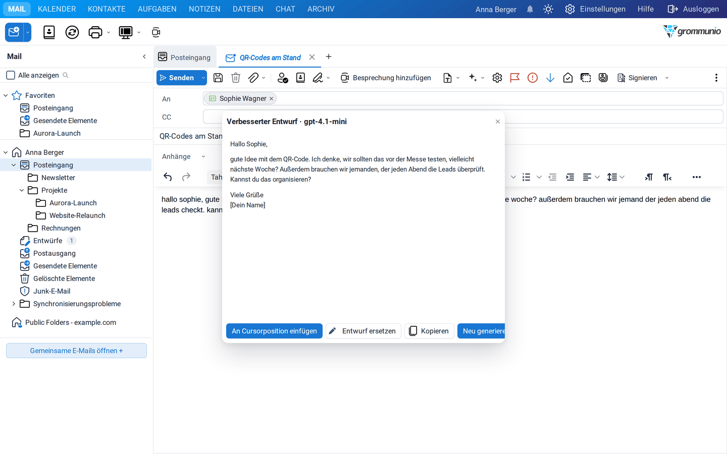 Das Fenster Verbesserter Entwurf mit dem überarbeiteten Text und den Schaltflächen An Cursorposition einfügen, Entwurf ersetzen, Kopieren, Neu generieren und Schließen