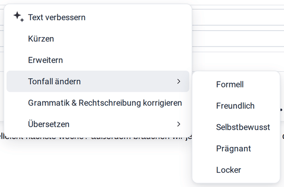 Das Untermenü Tonfall ändern des KI-Schreibassistenten mit Formell, Freundlich, Selbstbewusst, Prägnant und Locker
