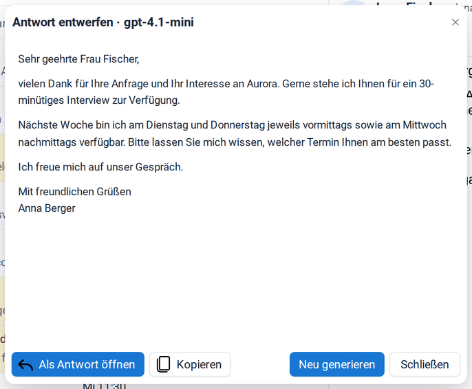 Der Antwortentwurf an Lena Fischer, der die Interviewanfrage annimmt