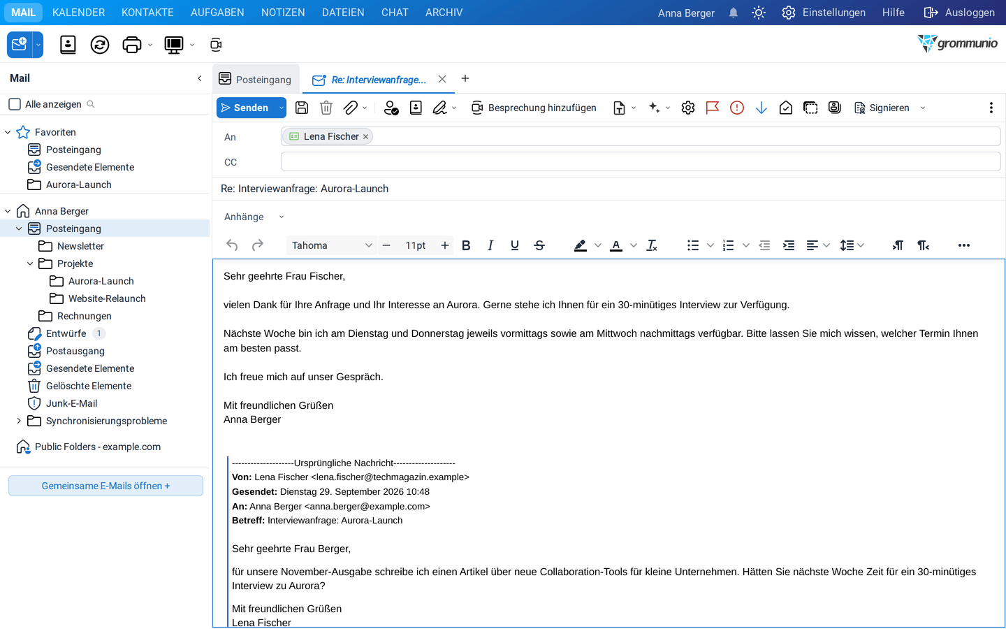 Die Antwort an Lena Fischer mit dem KI-Text über dem zitierten Original