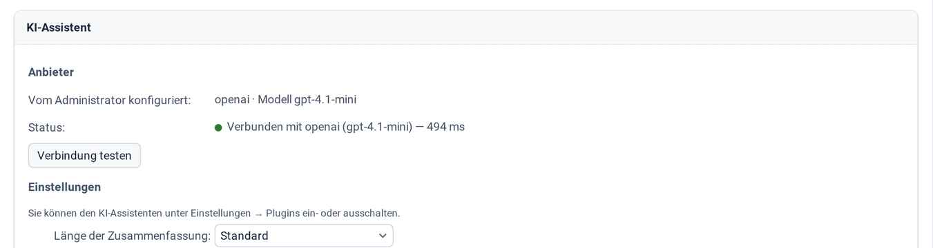 Die Einstellungen des KI-Assistenten mit dem Anbieter, Verbindung testen und den Voreinstellungen