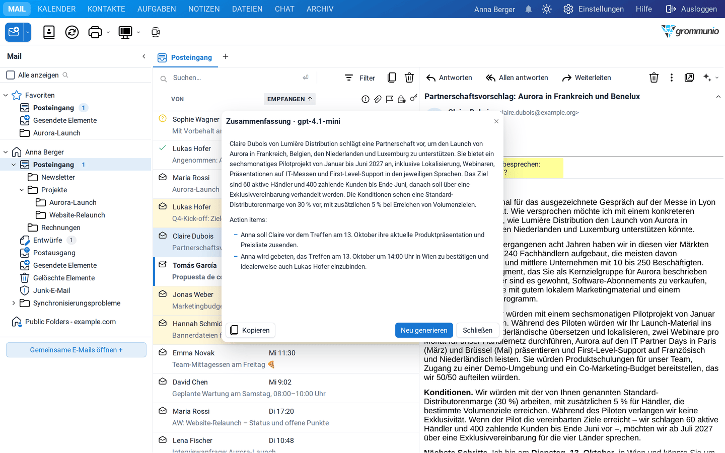 Die Zusammenfassung des Partnerschaftsvorschlags von Claire Dubois mit den wichtigsten Punkten und zwei Aufgaben für Anna