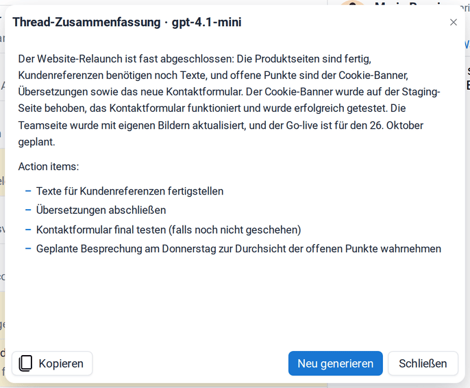 Die Zusammenfassung des Threads Website-Relaunch mit den Beiträgen von Sophie, Anna, David und Maria