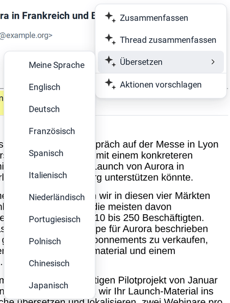 Das Untermenü Übersetzen mit Meine Sprache und zehn Sprachen