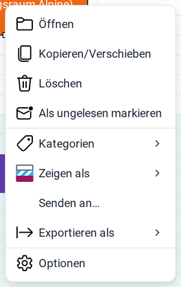 Das Kontextmenü eines Termins mit Öffnen, Kopieren/Verschieben, Löschen, Als ungelesen markieren, Kategorien, Zeigen als, Senden an, Exportieren als und Optionen