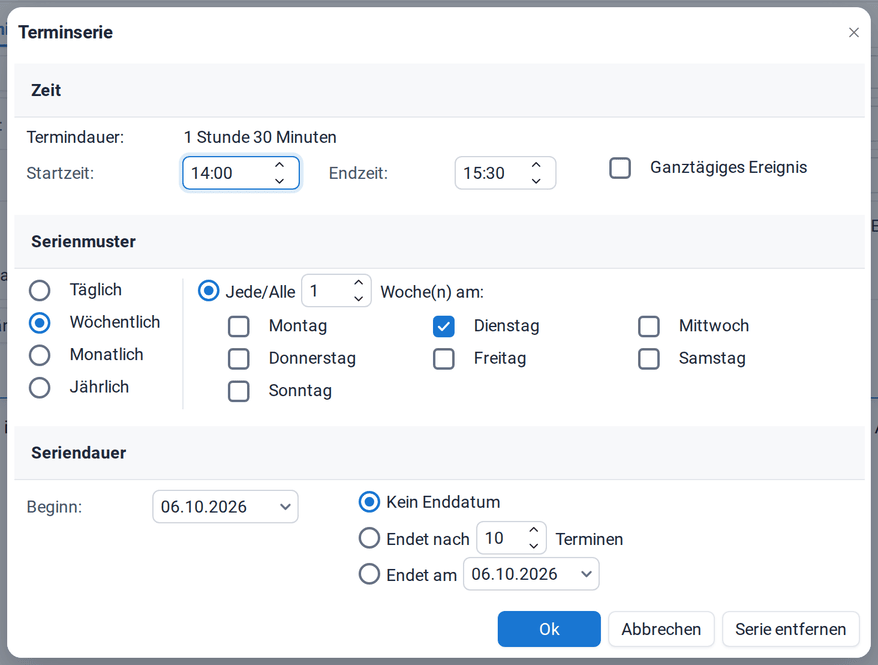 Der Dialog für die Wiederholung mit der Uhrzeit, dem Wiederholungsmuster und der Seriendauer