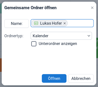 Der Dialog Gemeinsame Ordner öffnen mit Lukas Hofer als Name und Kalender als Ordnertyp