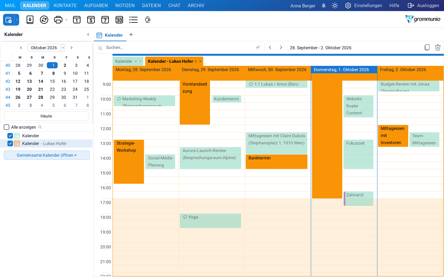 Der eigene Kalender und der Kalender von Lukas Hofer überlagert in einer Spalte
