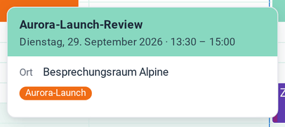 Die Karte beim Überfahren des Termins Aurora-Launch-Review mit Zeit, Ort und Kategorie
