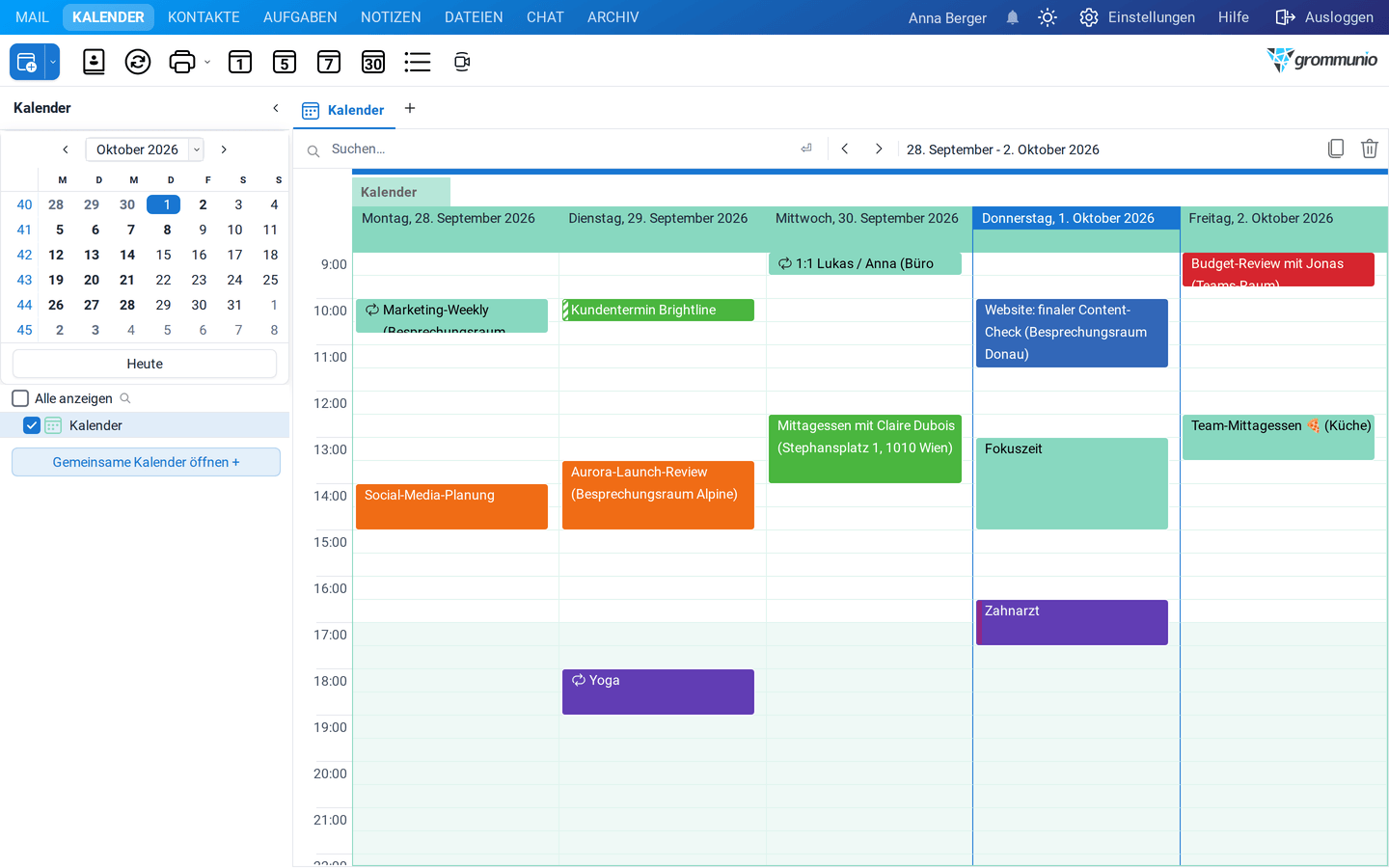 Der Kalender in der Ansicht Arbeitswoche mit farbig markierten Terminen von Montag bis Freitag