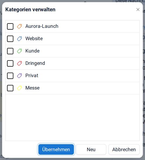 Der Dialog Kategorien verwalten mit den sechs Kategorien und ihren Farben