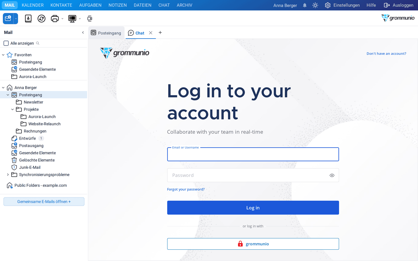 Die Registerkarte Chat mit der Anmeldeseite von grommunio Chat und der Schaltfläche für die Anmeldung mit grommunio