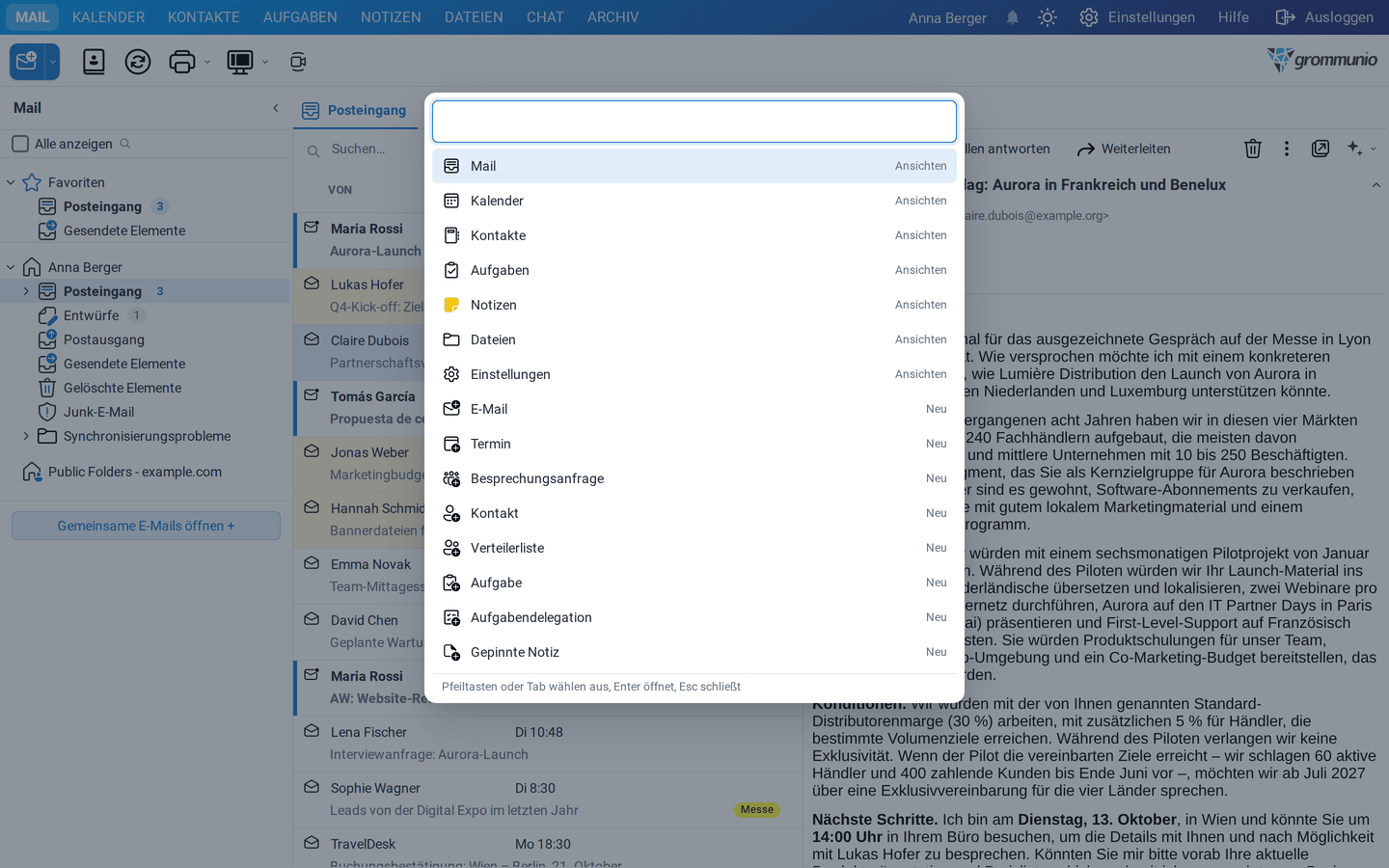 Die Befehlspalette mit den Ansichten Mail, Kalender, Kontakte, Aufgaben, Notizen, Dateien und Einstellungen und den Befehlen zum Anlegen neuer Elemente