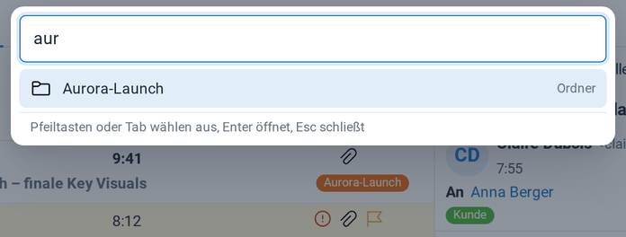Die Befehlspalette mit dem Suchbegriff aur und dem Ordner Aurora-Launch