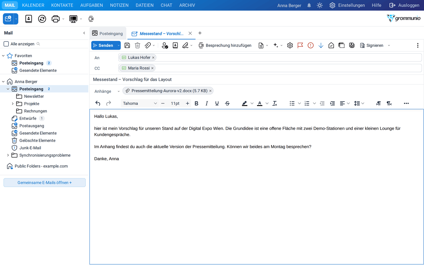 Eine neue E-Mail an Lukas Hofer mit Maria Rossi in CC, einem Betreff, einem angehängten Word-Dokument und einem kurzen Text