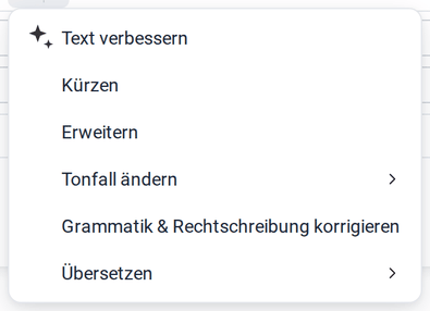 Das Menü des KI-Schreibassistenten mit Text verbessern, Kürzen, Erweitern, Tonfall ändern, Grammatik & Rechtschreibung korrigieren und Übersetzen