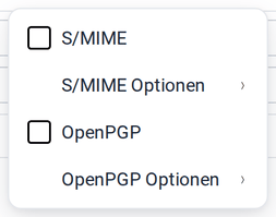 Das Menü Verschlüsseln mit den Optionen S/MIME und OpenPGP und den OpenPGP-Optionen