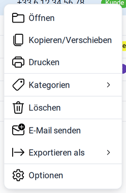 Das Kontextmenü eines Kontakts mit Öffnen, Kopieren/Verschieben, Drucken, Kategorien, Löschen, E-Mail senden, Exportieren als und Optionen