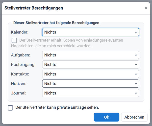 Der Dialog Stellvertreter Berechtigungen für Emma Novak mit Berechtigungen für Kalender, Aufgaben, Posteingang, Kontakte, Notizen und Journal