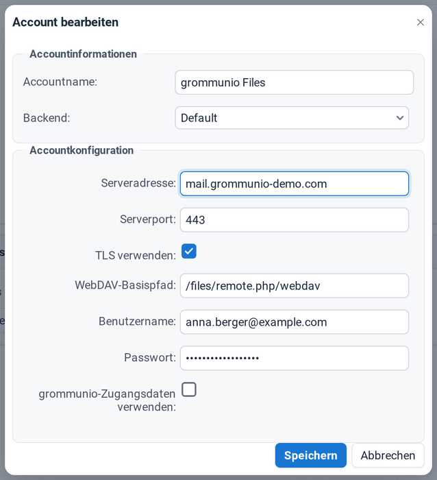 Der Dialog zum Bearbeiten des Kontos mit Accountname, Backend Standard, Serveradresse, Port 443, TLS und dem WebDAV-Basispfad von grommunio Files
