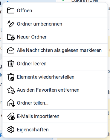 Das Kontextmenü eines Ordners mit Öffnen, Ordner kopieren/verschieben, Ordner umbenennen, Neuer Ordner, Alle Nachrichten als gelesen markieren, Ordner löschen, Ordner leeren, Neu laden, Elemente wiederherstellen, Farbe auswählen, Den Favoriten hinzufügen, Ordner teilen, E-Mails importieren und Eigenschaften