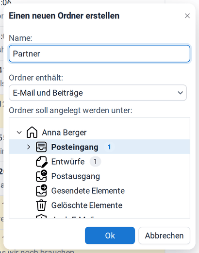 Der Dialog Neuer Ordner mit dem Ordnernamen Partner, dem Ordnertyp und dem übergeordneten Ordner Posteingang