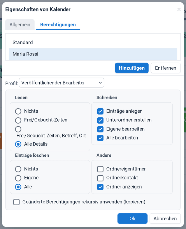 Die Registerkarte Berechtigungen der Kalendereigenschaften: Maria Rossi hat das Profil Veröffentlichender Bearbeiter mit Alle Details, allen Schreibrechten und Löschen Alle