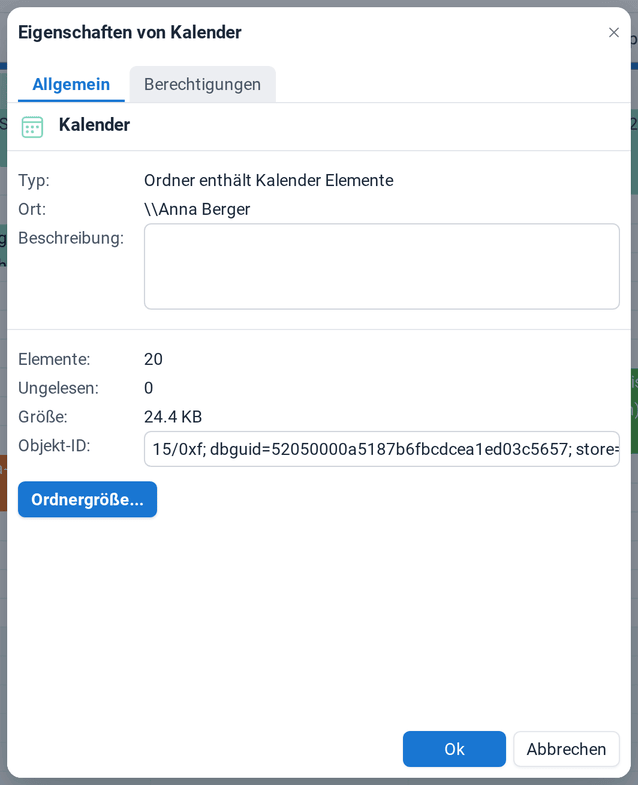 Die Registerkarte Allgemein der Kalendereigenschaften mit Typ, Ort, Anzahl der Elemente und Größe
