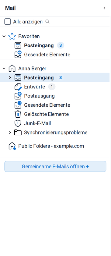 Der Ordnerbereich mit Favoriten, dem Postfach von Anna Berger mit seinen Ordnern, den öffentlichen Ordnern und der Schaltfläche Gemeinsame E-Mails öffnen