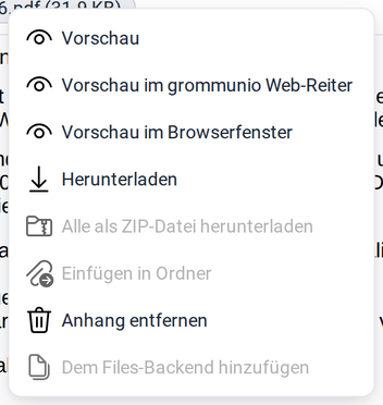 Das Kontextmenü eines Anhangs mit Vorschau, Vorschau im grommunio Web-Reiter, Vorschau im Browserfenster, Herunterladen, Alle als ZIP-Datei herunterladen, Einfügen in Ordner und Anhang entfernen