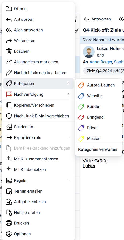 Das Untermenü Kategorien mit Aurora-Launch, Website, Kunde, Dringend, Privat und Messe sowie Kategorien verwalten
