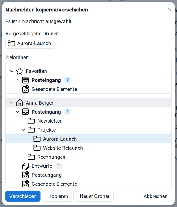Der Dialog Nachrichten kopieren/verschieben schlägt für eine E-Mail von Maria Rossi den Ordner Aurora-Launch vor