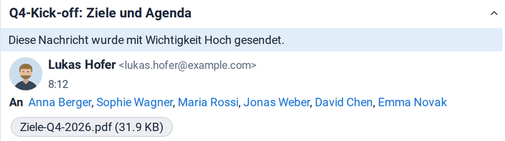Der Kopf einer E-Mail mit dem Hinweis auf hohe Wichtigkeit und einem PDF-Anhang