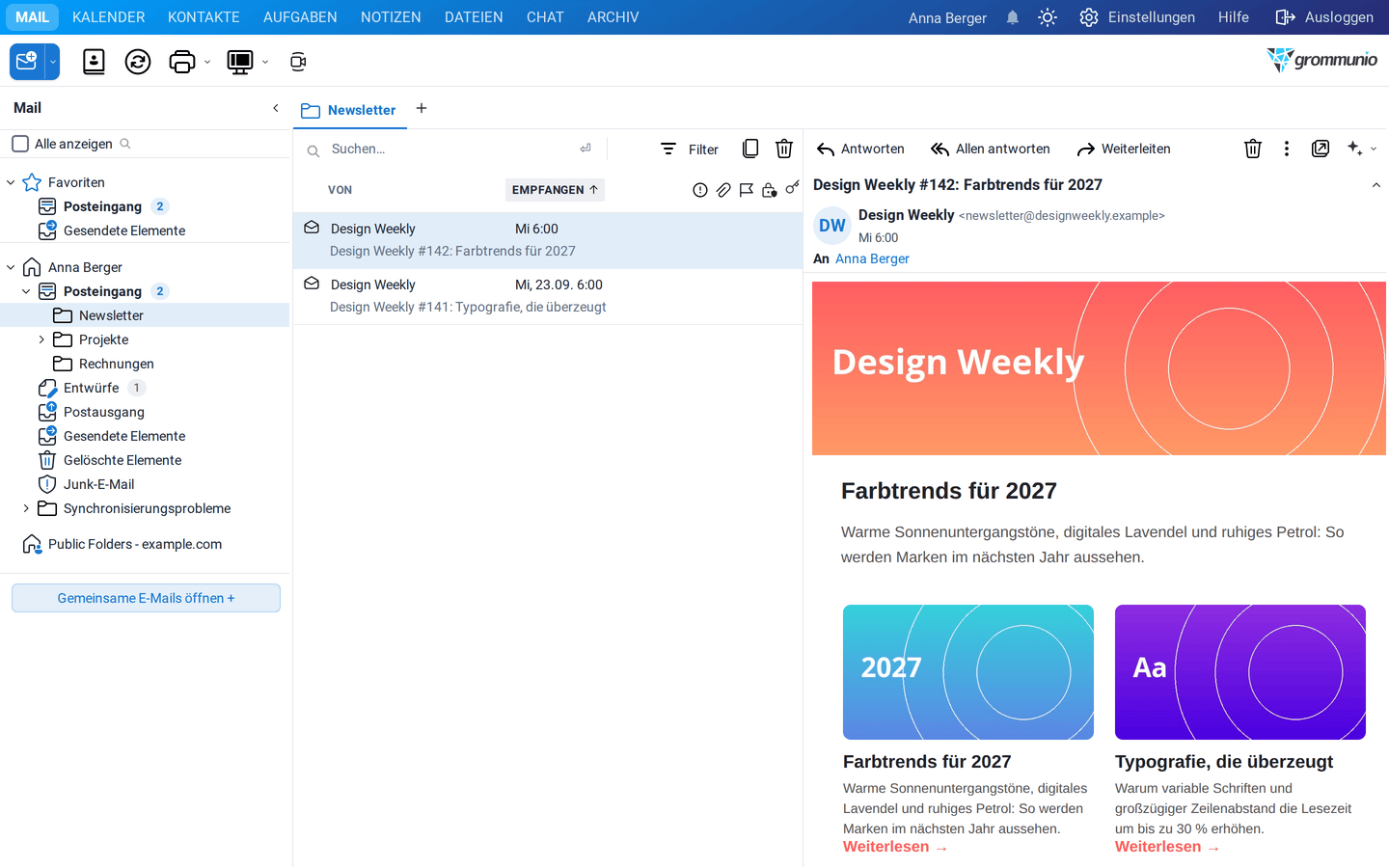 Ein Newsletter mit großer, farbiger Kopfgrafik und zwei Artikelvorschauen im Lesebereich