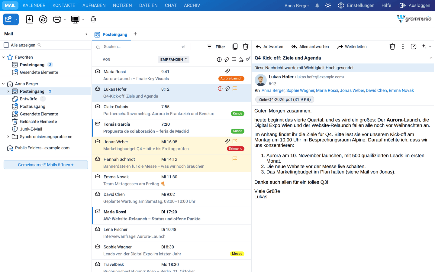 Die Mail-Ansicht mit der Liste des Posteingangs und einer E-Mail von Lukas Hofer mit Anhang im Lesebereich