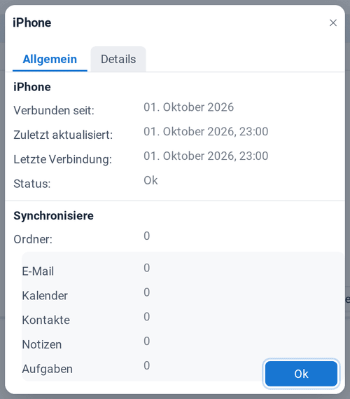 Die Details des iPhones: verbunden seit, letzte Aktualisierung, letzte Verbindung, Status und Anzahl der synchronisierten Ordner