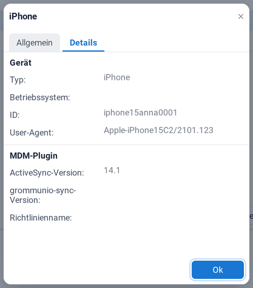 Die Registerkarte Details mit Typ, Betriebssystem, ID und Versionen