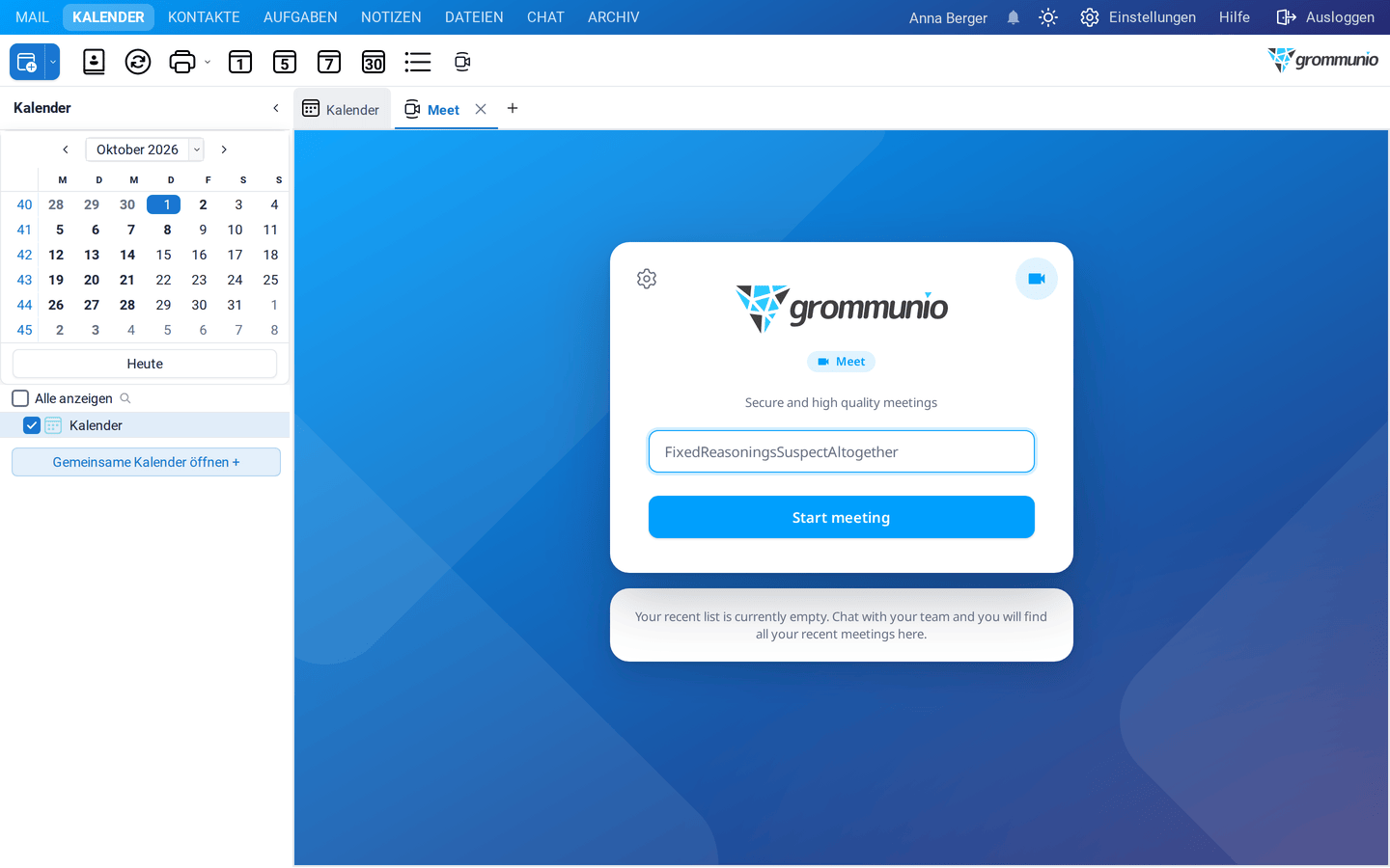 grommunio Meet in grommunio Web mit einem vorgeschlagenen Raumnamen und der Schaltfläche zum Starten der Besprechung