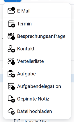 Das Menü Neu mit E-Mail, Termin, Besprechungsanfrage, Kontakt, Verteilerliste, Aufgabe, Aufgabendelegation und Gepinnte Notiz