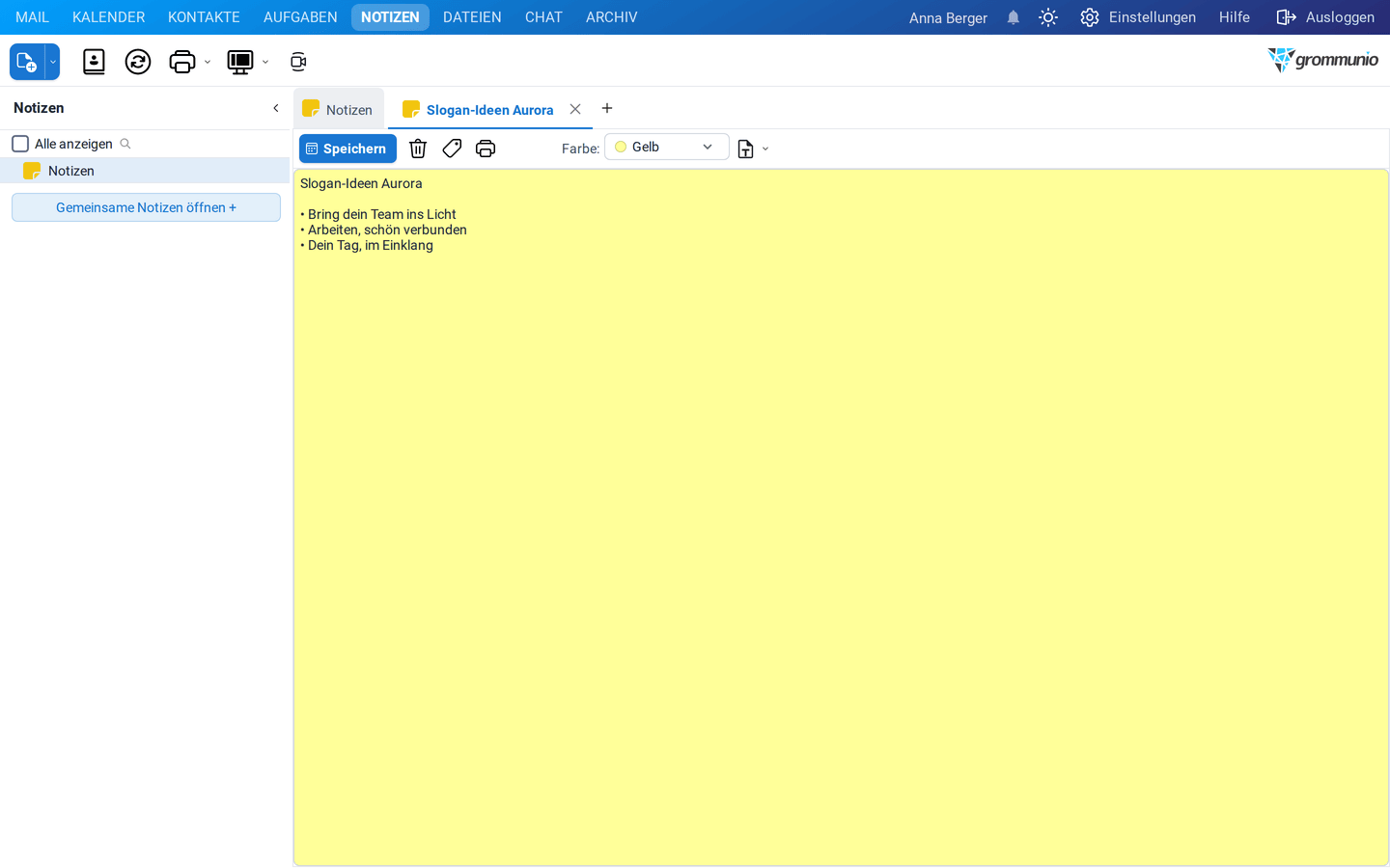 Die Notiz Slogan-Ideen Aurora in einer eigenen Registerkarte mit der Schaltfläche Speichern und der Farbe Gelb