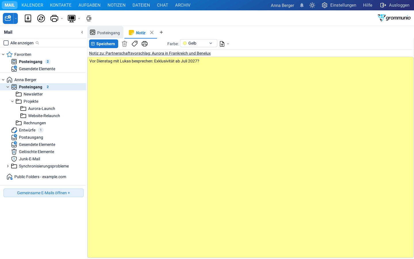 Eine neue gelbe Notiz mit dem Link zum Partnerschaftsvorschlag und einem kurzen Text